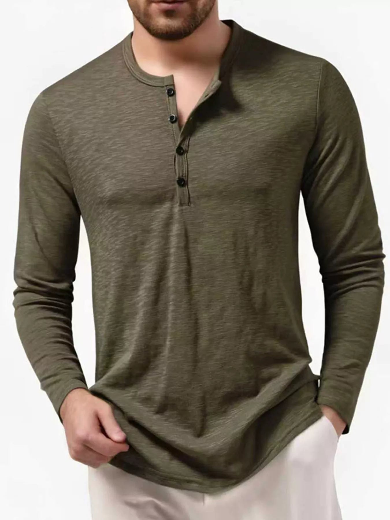 Men's black long sleeve Henley T-shirt from Trendsi, featuring a classic round neckline and buttoned placket.