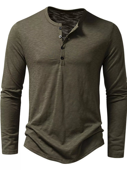 Black men's long sleeve Henley T-shirt by Trendsi, featuring a classic collar and button placket, made of soft, comfortable fabric.