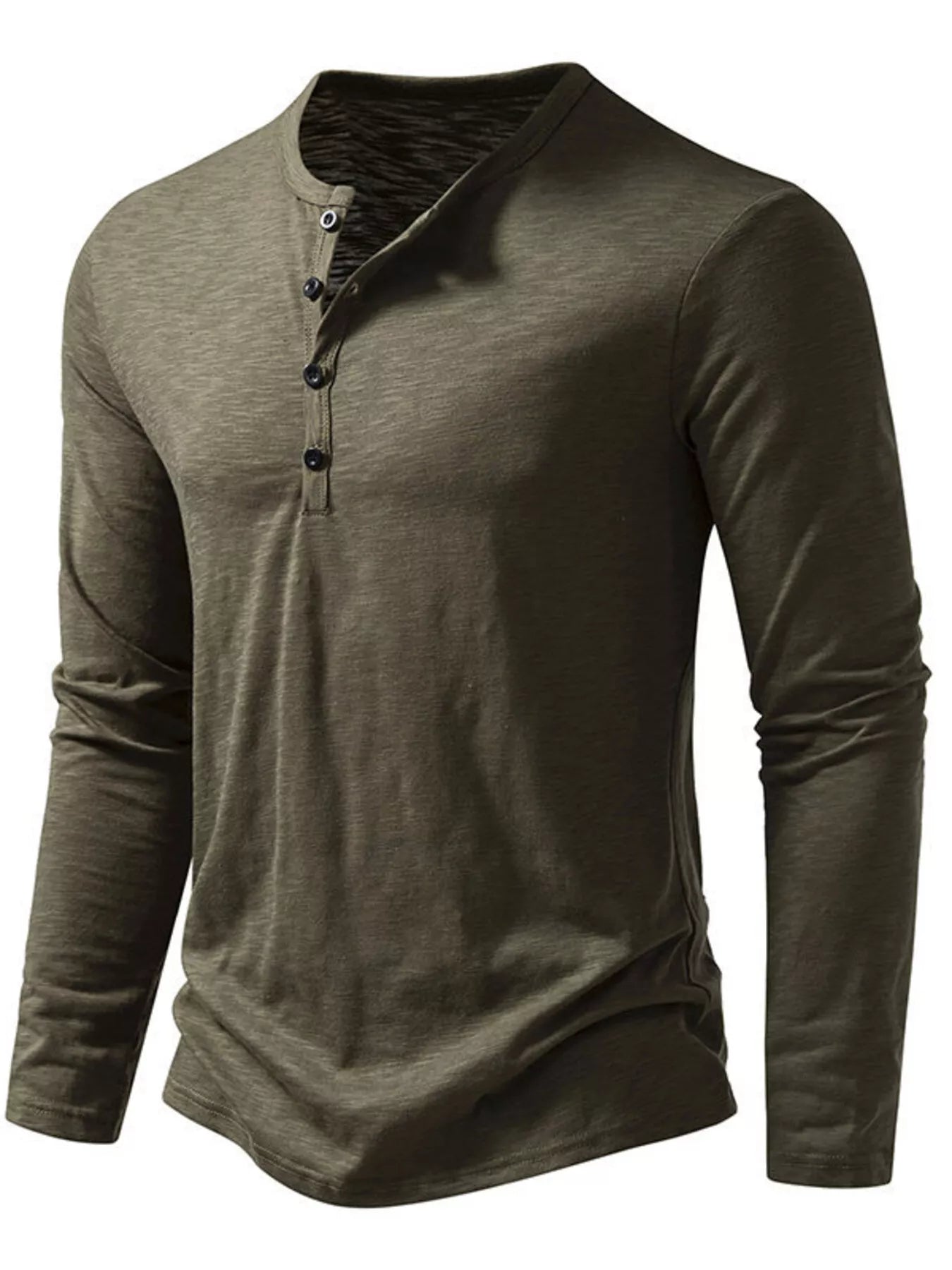 Black men's long sleeve Henley T-shirt by Trendsi, featuring a buttoned collar and fitted design, displayed on a plain background.
