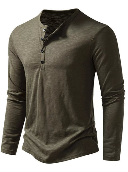 Black men's long sleeve Henley T-shirt by Trendsi, featuring a buttoned collar and fitted design, displayed on a plain background.