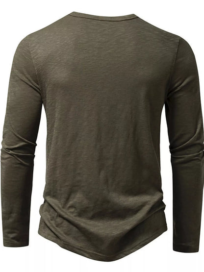 Black men's long sleeve Henley T-shirt by Trendsi, featuring a round neckline and casual fit.