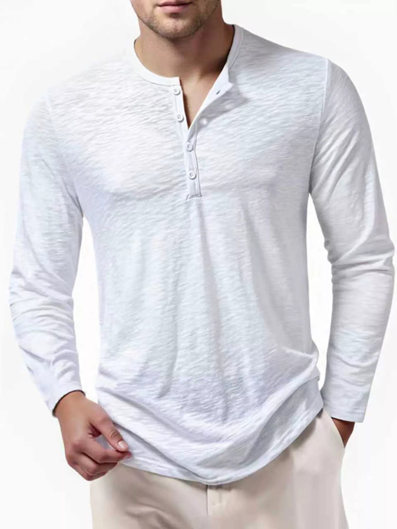 Black men's long sleeve Henley T-shirt by Trendsi, featuring a classic collar and button placket, casual and comfortable fit.