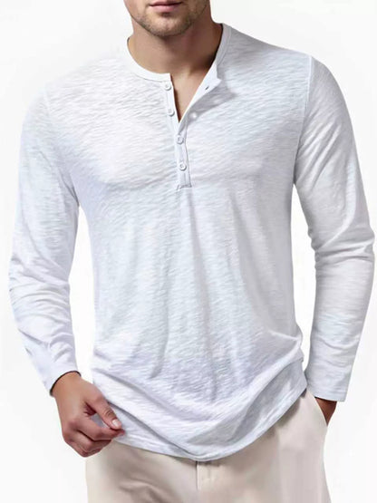 Black men's long sleeve Henley T-shirt by Trendsi, featuring a classic collar and button placket, casual and comfortable fit.