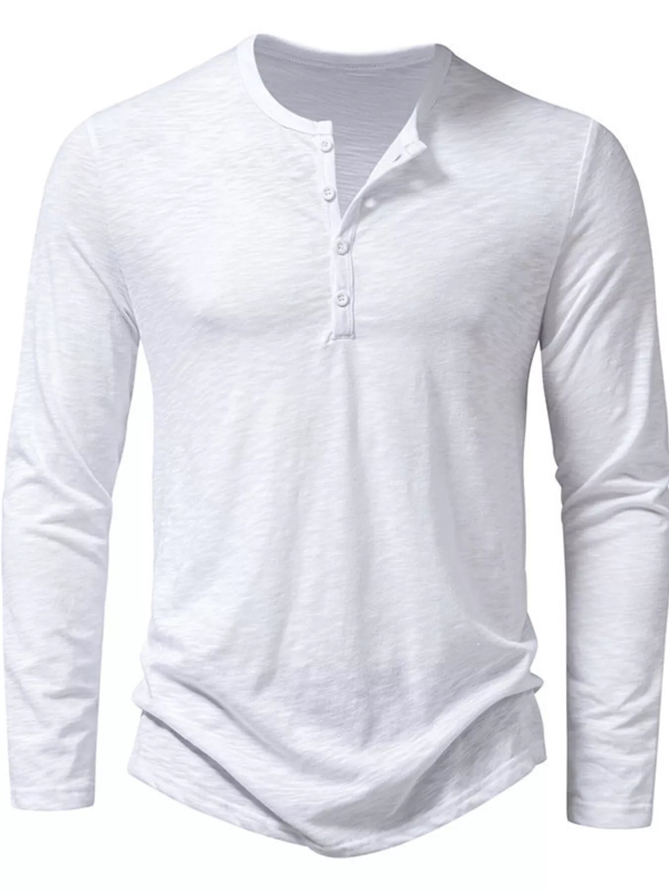 Black men's long sleeve Henley T-shirt from Trendsi, featuring a classic collar and button placket, casual and versatile style.