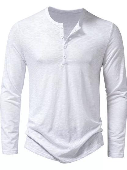 Black men's long sleeve Henley T-shirt from Trendsi, featuring a classic collar and button placket, casual and versatile style.