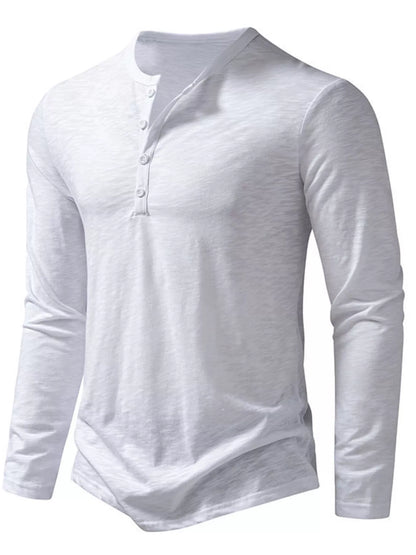 Black men's long sleeve Henley T-shirt by Trendsi, featuring a classic buttoned collar and comfortable fit.