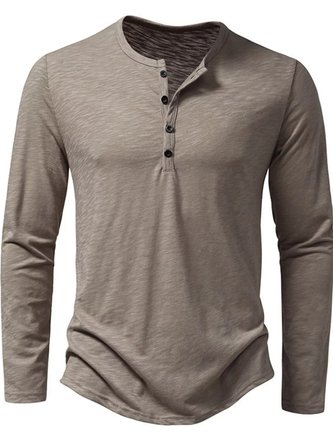 Men's black long sleeve Henley T-shirt by Trendsi, featuring a classic buttoned neckline and comfortable fit.