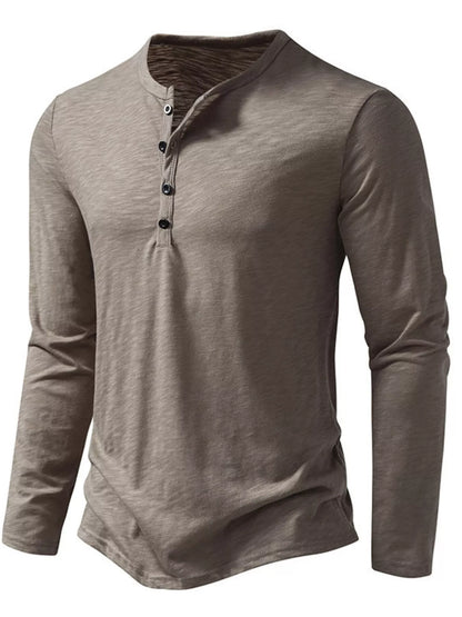 Black men's long sleeve Henley T-shirt by Trendsi, featuring a buttoned collar and comfortable fit.