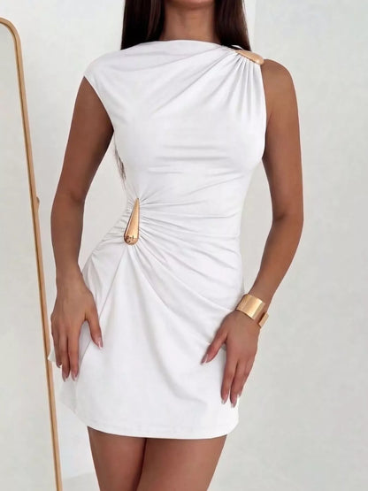 Black ruched asymmetrical sleeveless mini dress by Trendsi, featuring a stylish fitted design and modern neckline.