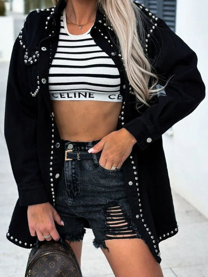 Black studded snap-down long sleeve denim shacket with collar and button details, styled for casual wear.