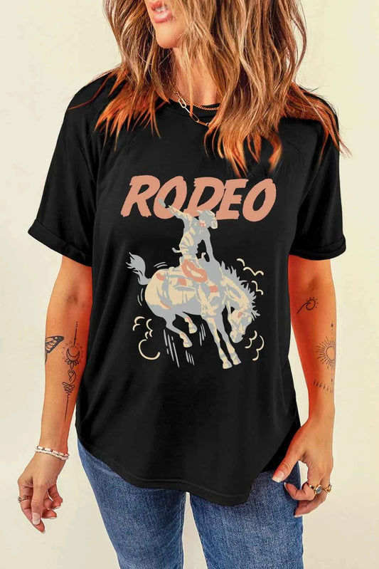 Black graphic round neck T-shirt by Trendsi, featuring stylish design and comfortable fit for everyday wear.