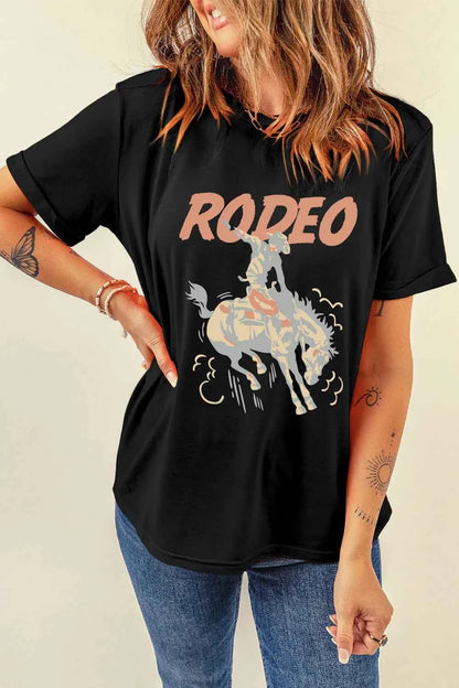 Black stylish graphic round neck T-shirt by Trendsi, featuring a comfortable fit and casual everyday wear.