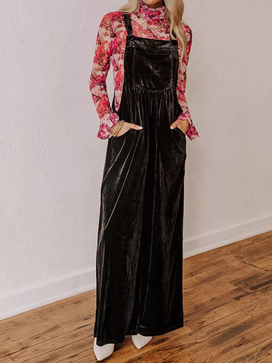 Velvet wide-leg overalls in deep color, featuring adjustable straps and relaxed fit, by Trendsi.
