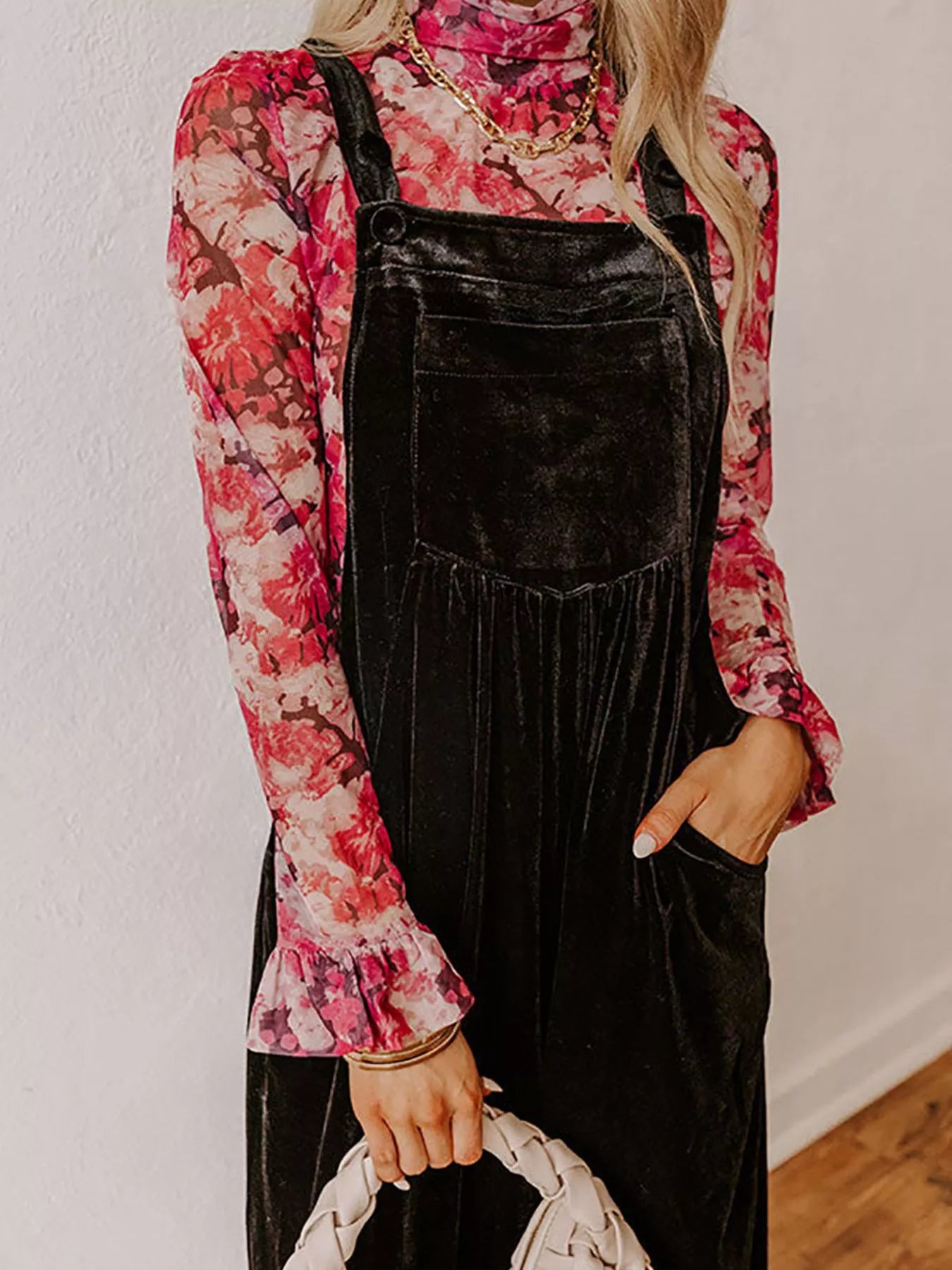 Velvet wide-leg overalls in deep blue from Trendsi, featuring a relaxed fit and adjustable straps, styled on a model.