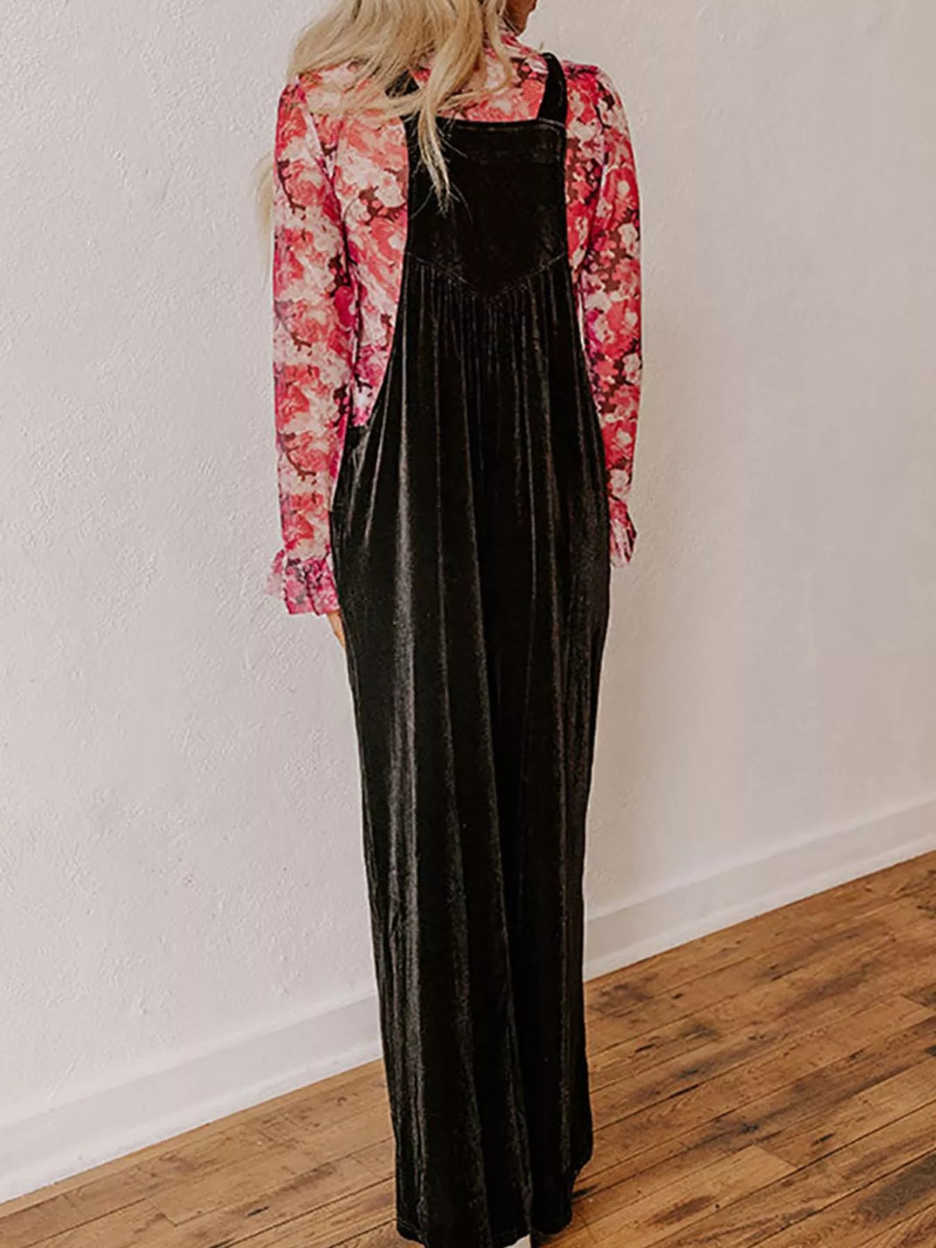 Velvet wide-leg overalls by Trendsi, showcasing a stylish, flowing fit in rich velvet fabric on a neutral background.