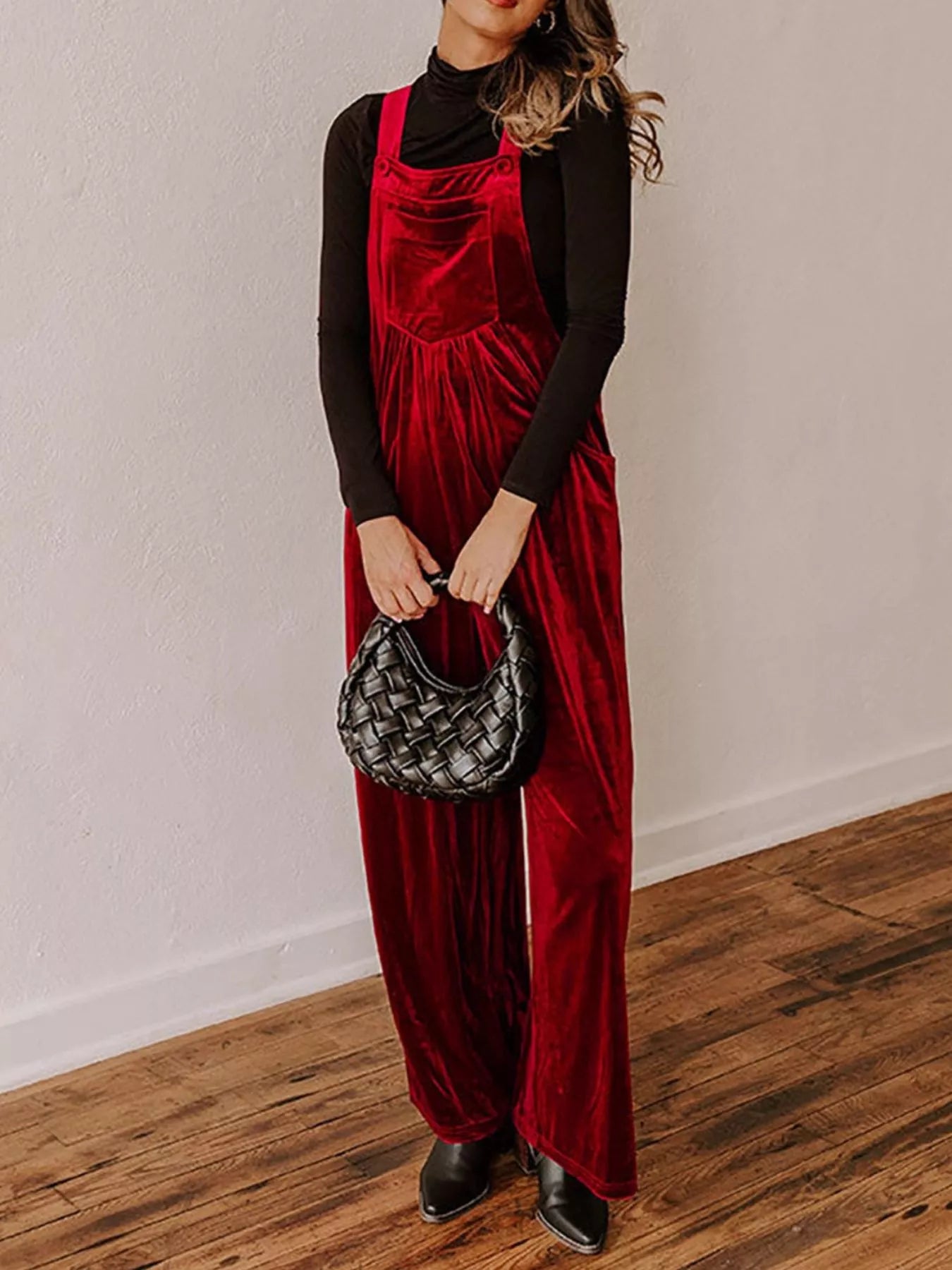 Velvet wide-leg overalls by Trendsi featuring a relaxed fit, deep pockets, and adjustable straps in soft velvet fabric.