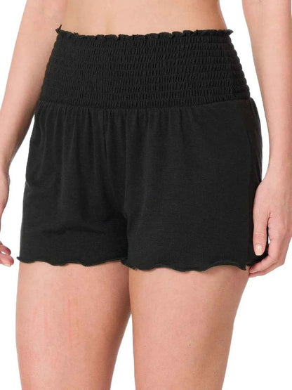 Zenana elastic waist smocked shorts in light fabric, featuring a relaxed fit and comfortable design, perfect for casual wear.