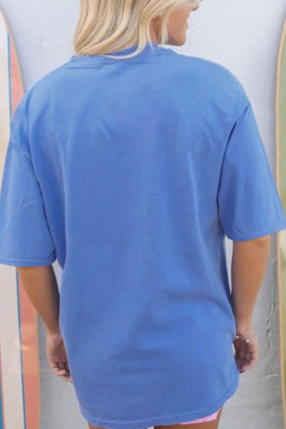 Blue and purple graphic round neck T-shirt from Trendsi, made of comfortable fabric, ideal for everyday casual wear.