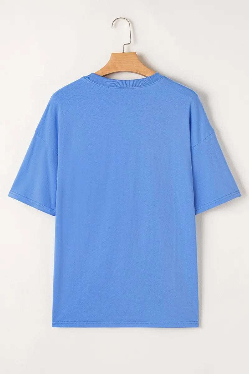 Blue and purple graphic round neck T-shirt by Trendsi, featuring a comfortable fit for everyday casual wear.