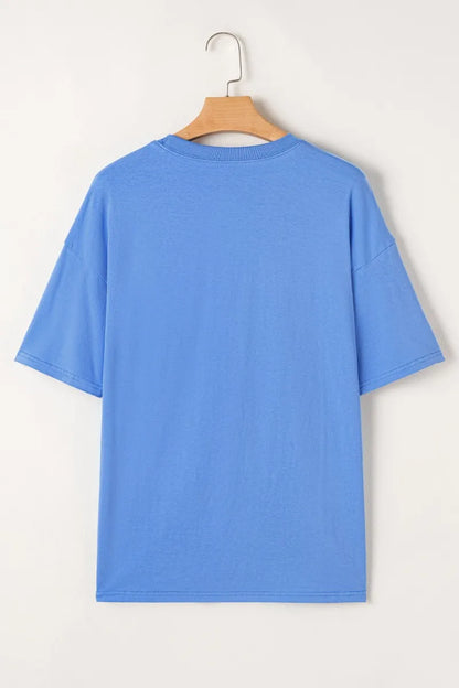 Blue and purple graphic round neck T-shirt by Trendsi, featuring a comfortable fit for everyday casual wear.