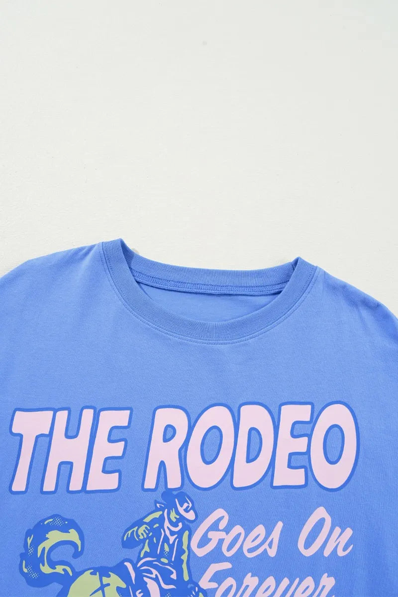 Blue and purple graphic round neck T-shirt by Trendsi, made of comfortable fabric for casual everyday wear.