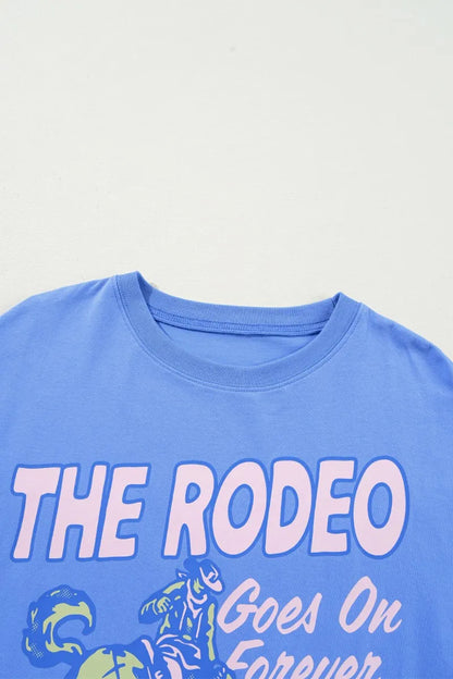 Blue and purple graphic round neck T-shirt by Trendsi, made of comfortable fabric for casual everyday wear.