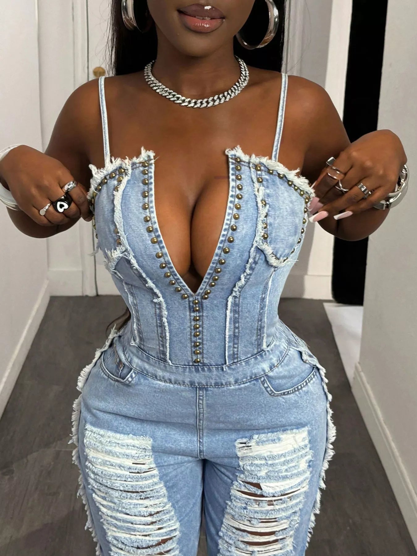 Distressed Spaghetti Strap Wide-Leg Denim Jumpsuit - Redemption By Ashley North