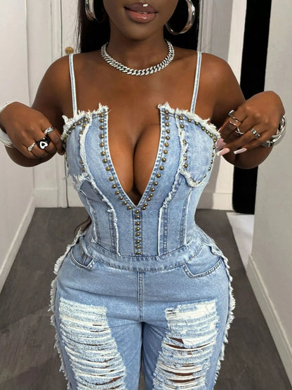 Distressed Spaghetti Strap Wide-Leg Denim Jumpsuit - Redemption By Ashley North