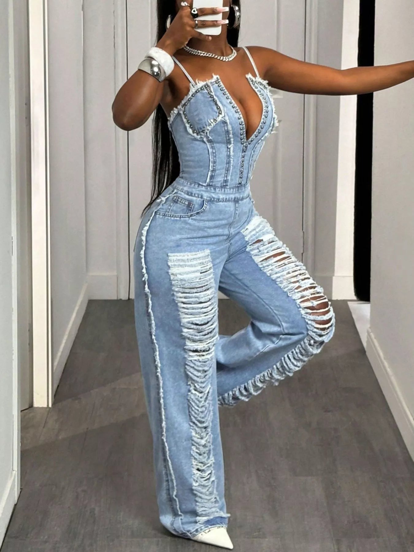 Distressed Spaghetti Strap Wide-Leg Denim Jumpsuit - Redemption By Ashley North