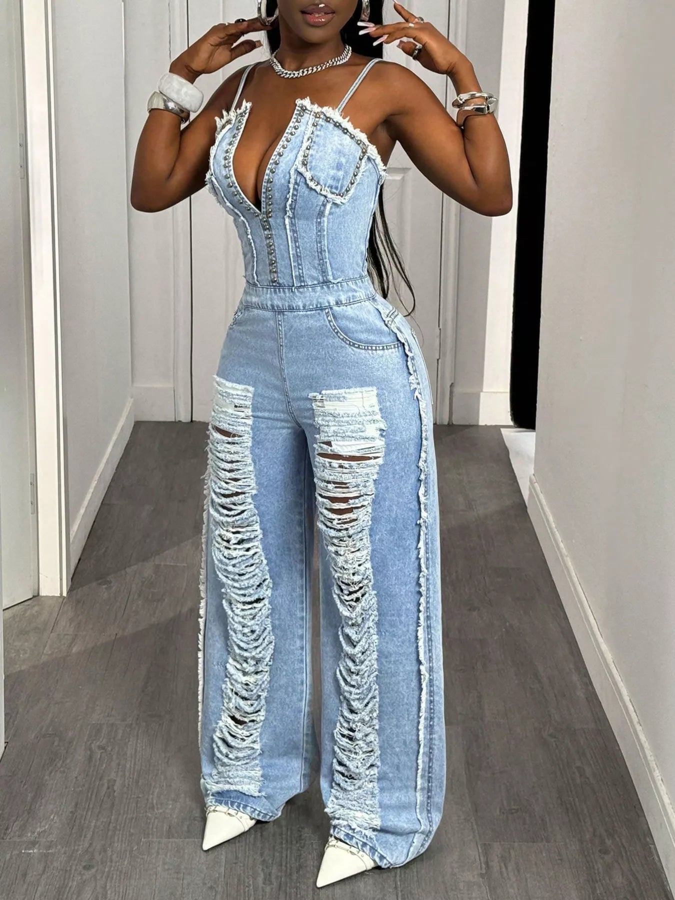 Distressed Spaghetti Strap Wide-Leg Denim Jumpsuit - Redemption By Ashley North
