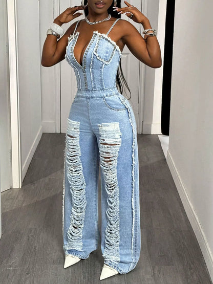 Distressed Spaghetti Strap Wide-Leg Denim Jumpsuit - Redemption By Ashley North