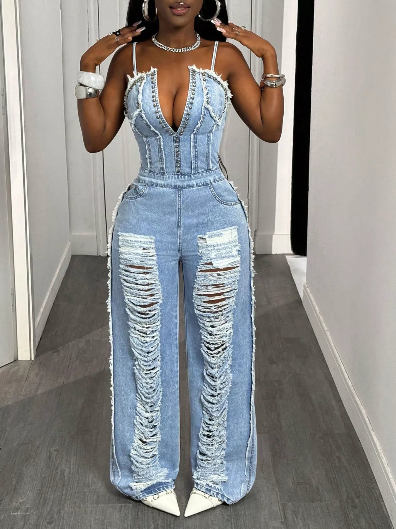 Distressed Spaghetti Strap Wide-Leg Denim Jumpsuit - Redemption By Ashley North