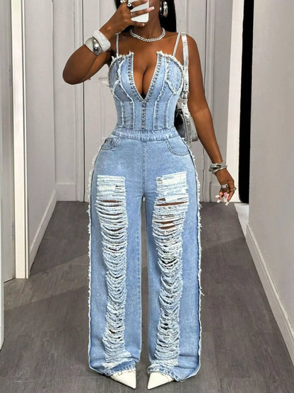 Distressed Spaghetti Strap Wide-Leg Denim Jumpsuit - Redemption By Ashley North