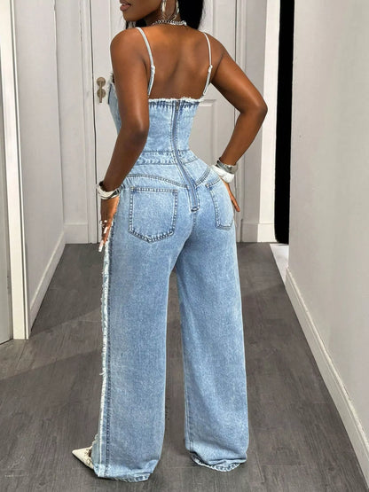 Distressed Spaghetti Strap Wide-Leg Denim Jumpsuit - Redemption By Ashley North
