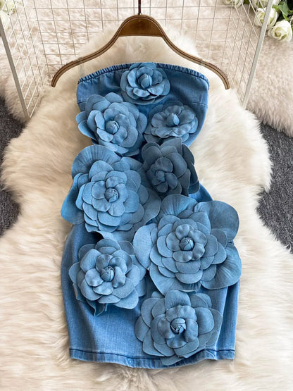 Floral Applique Strapless Denim Dress - Redemption By Ashley North