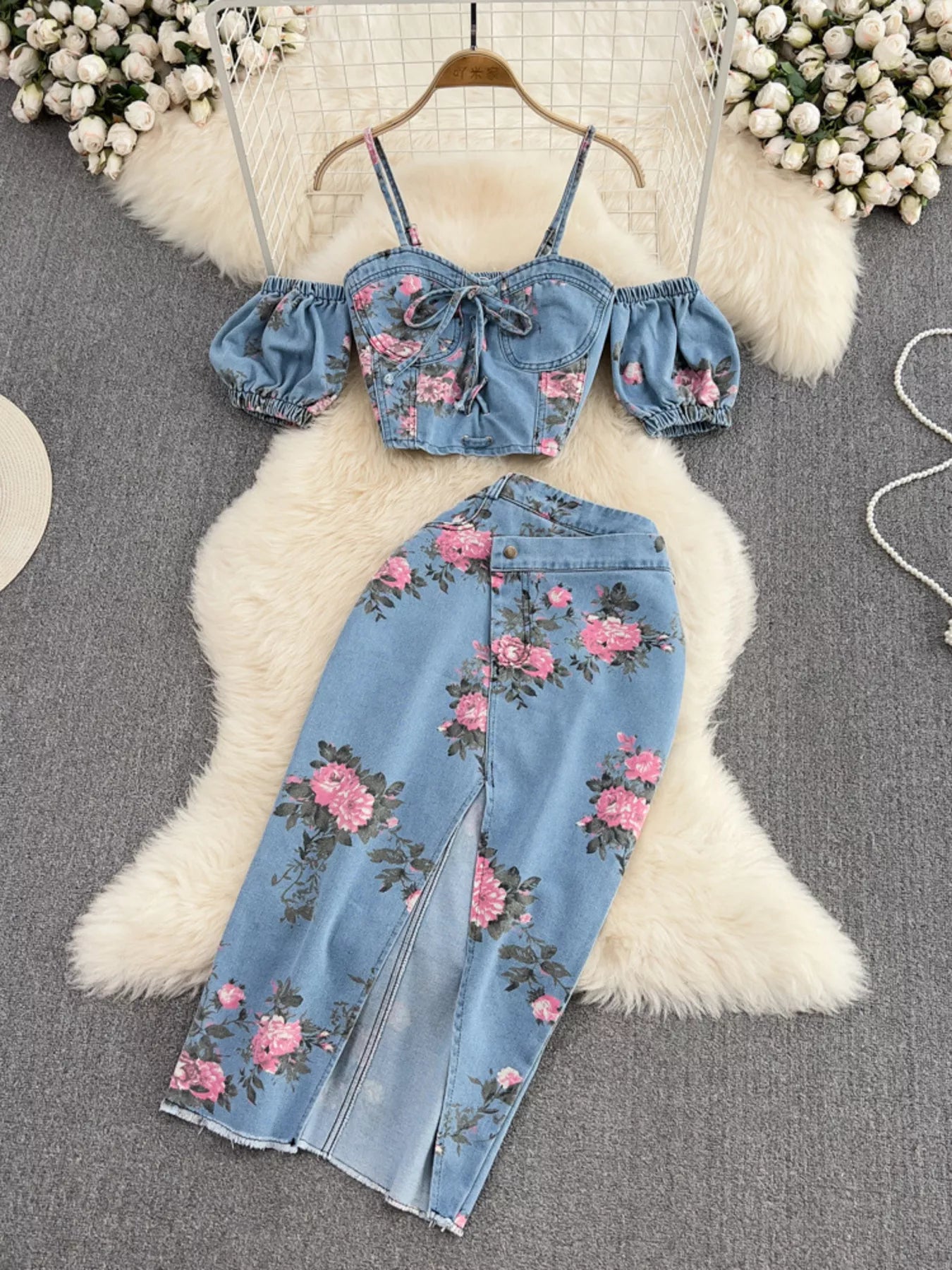 Floral Print Sweetheart Neck Cami and Skirt Denim Set - Redemption By Ashley North