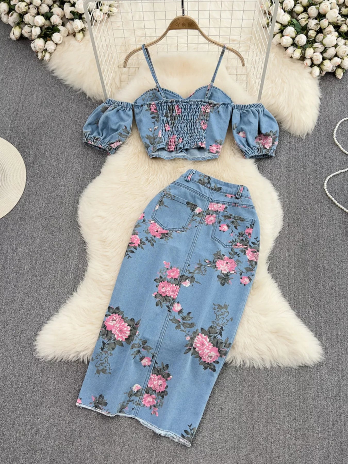 Floral Print Sweetheart Neck Cami and Skirt Denim Set - Redemption By Ashley North