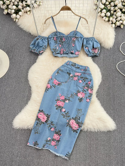 Floral Print Sweetheart Neck Cami and Skirt Denim Set - Redemption By Ashley North