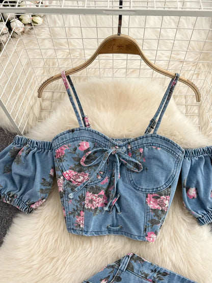 Floral Print Sweetheart Neck Cami and Skirt Denim Set - Redemption By Ashley North