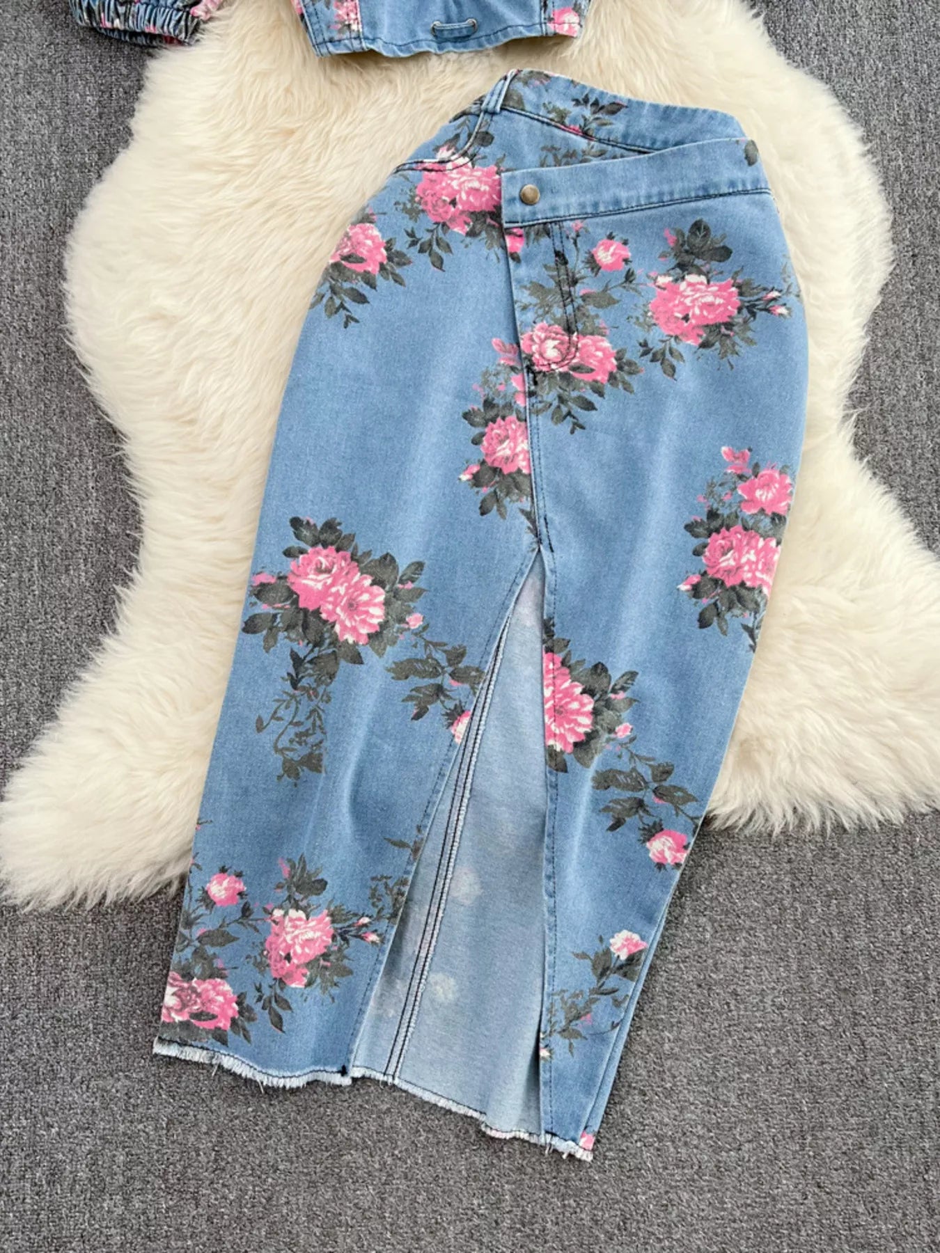 Floral Print Sweetheart Neck Cami and Skirt Denim Set - Redemption By Ashley North