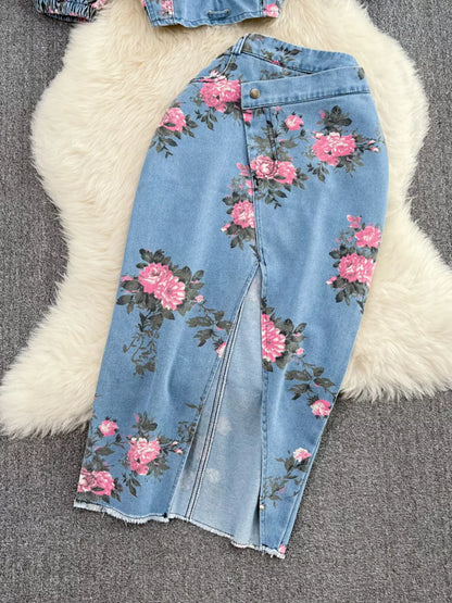 Floral Print Sweetheart Neck Cami and Skirt Denim Set - Redemption By Ashley North