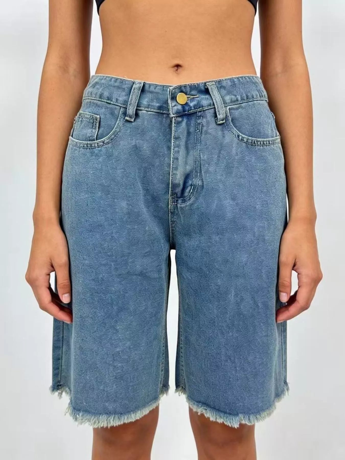 Blue Trendsi frayed hem relaxed fit denim shorts, showing a casual style with distressed edges and comfortable fit.
