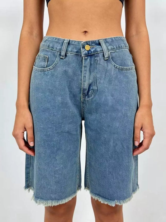 Blue Trendsi frayed hem relaxed fit denim shorts, showing a casual style with distressed edges and comfortable fit.