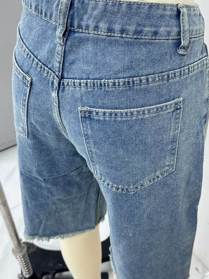 Blue Trendsi frayed hem relaxed fit denim shorts with distressed detailing and casual style, perfect for warm weather.