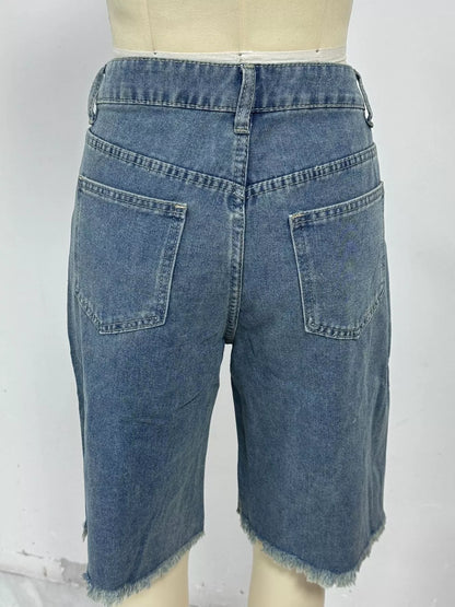 Blue frayed hem relaxed fit denim shorts by Trendsi, showcasing casual style and distressed denim fabric.