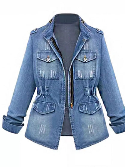 Plus size blue denim jacket with chest pockets and zip-up front, by Trendsi, displayed on a model.