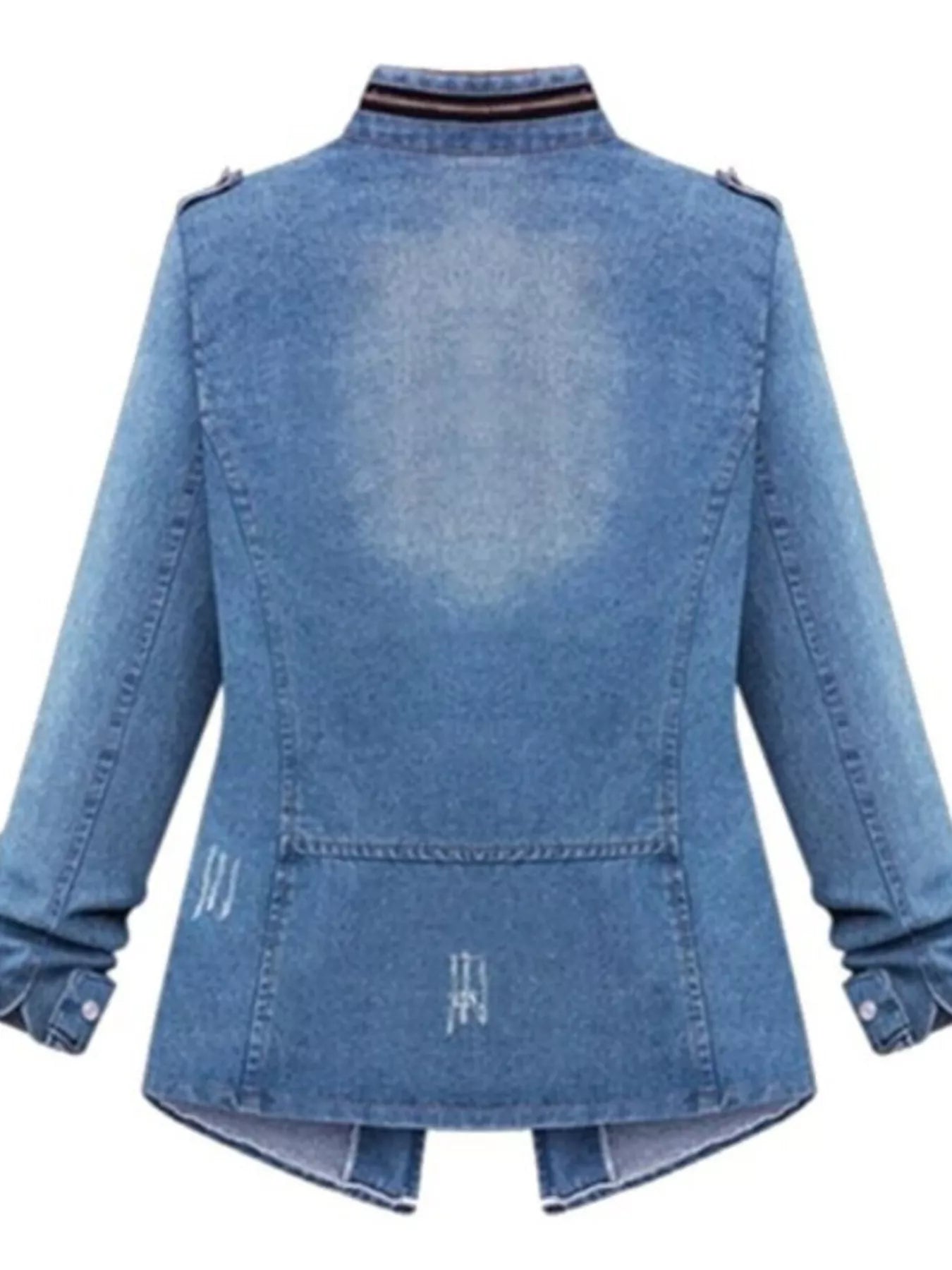 Plus size blue denim jacket with full front zipper and chest pockets, trendy zip-up denim jacket from Trendsi.