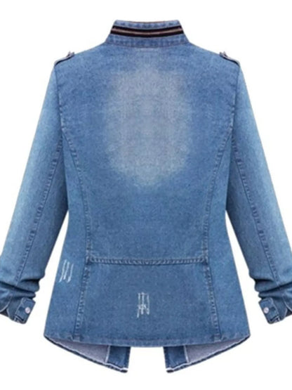 Plus size blue denim jacket with full front zipper and chest pockets, trendy zip-up denim jacket from Trendsi.