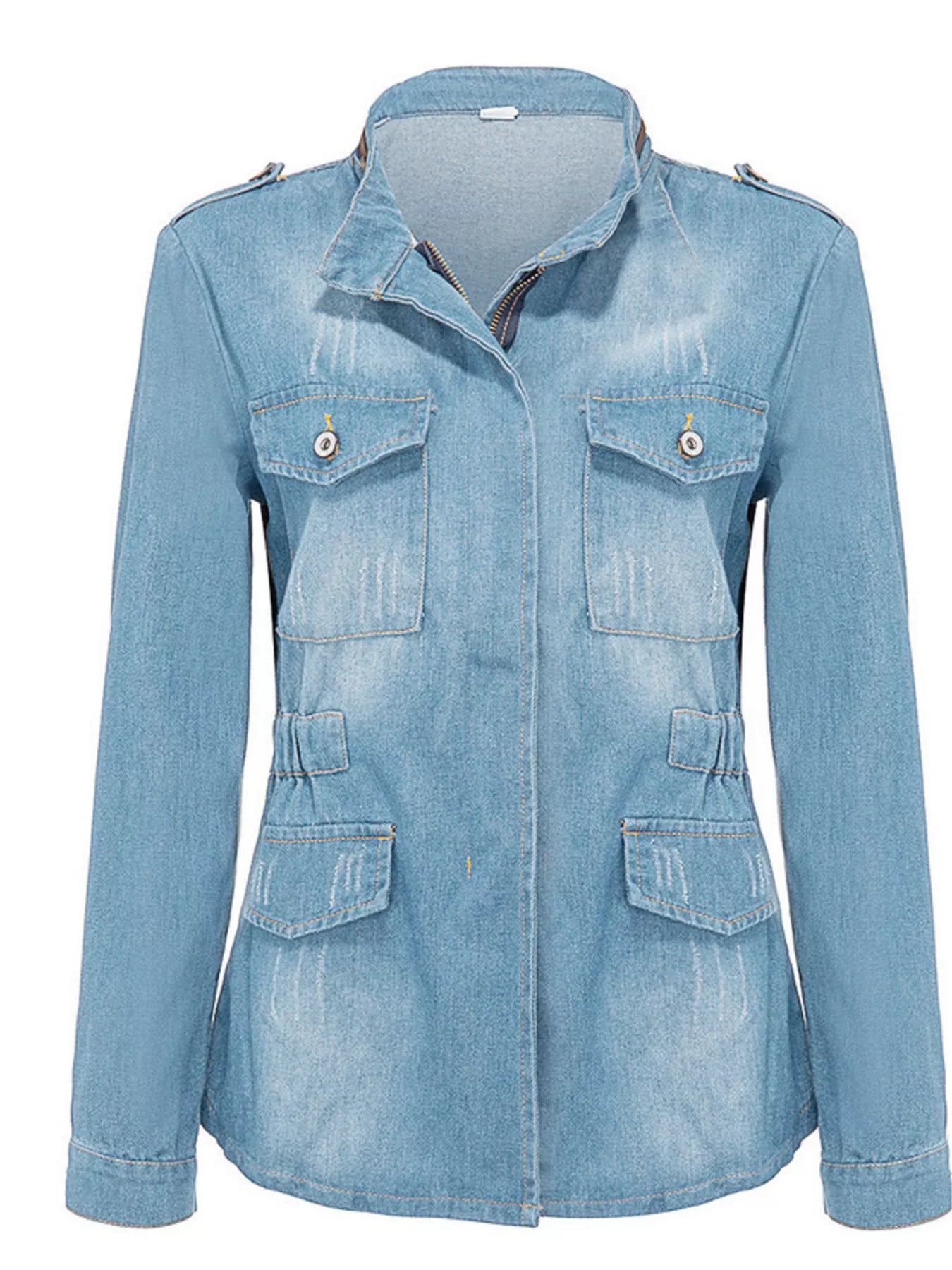 Plus size blue denim jacket with full chest pocket and zip-up front, Trendsi brand, casual and versatile outerwear.