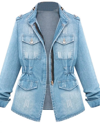 Plus size blue denim jacket with chest pockets and zip-up front, stylish Trendsi full-size denim jacket for women